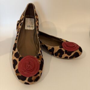 CARLOS Carlos Santana 8 Exotica Women Leopard Ballet Flat Pony Hair Red Rose EUC
